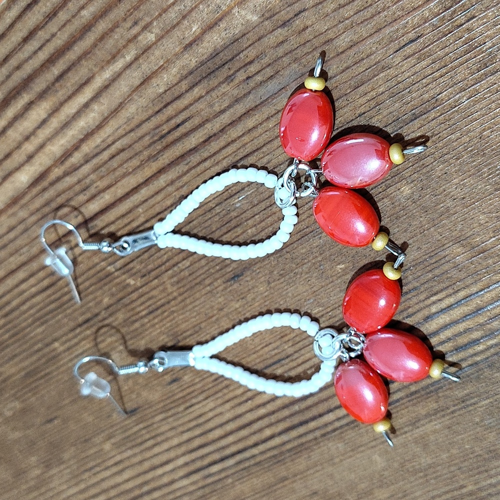 *5 For $20*Red and White Beaded Long Dangle Earrings / Handmade Ladies Earrings - Picture 4 of 5